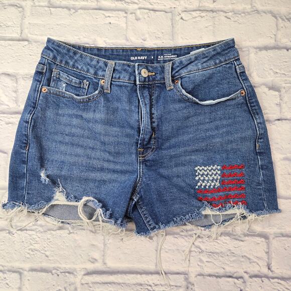 Old Navy Women's Denim Shorts High Rise OG Strait Embroidered American Flag sz 8 - Picture 1 of 8